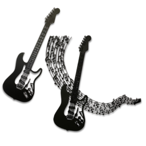 Two black electric guitar silhouettes with musical notes flowing between and outwards from them on a white background.