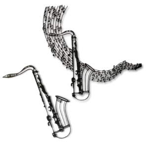 Two saxophones with musical notes and staves flowing out from their bells, forming a curving pattern above and beside them.