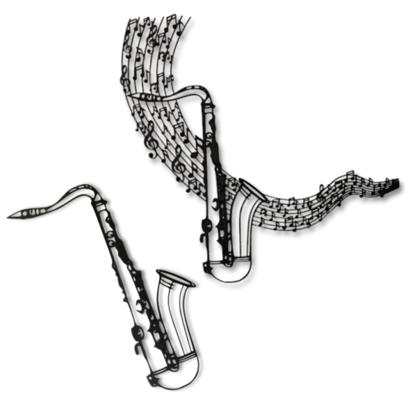Two saxophones with musical notes and staves flowing out from their bells, forming a curving pattern above and beside them.