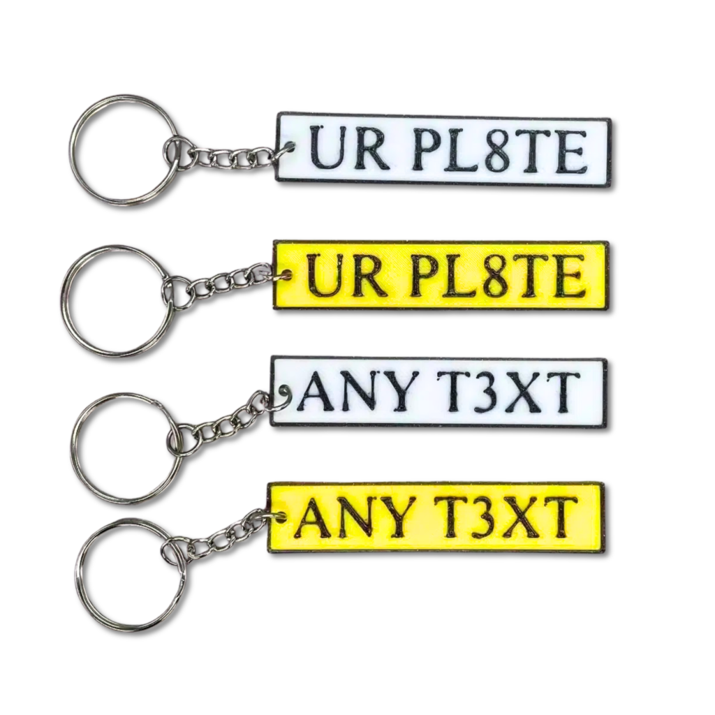 Custom number plate keyring bulk orders UK with personalised white and yellow number plate keychains