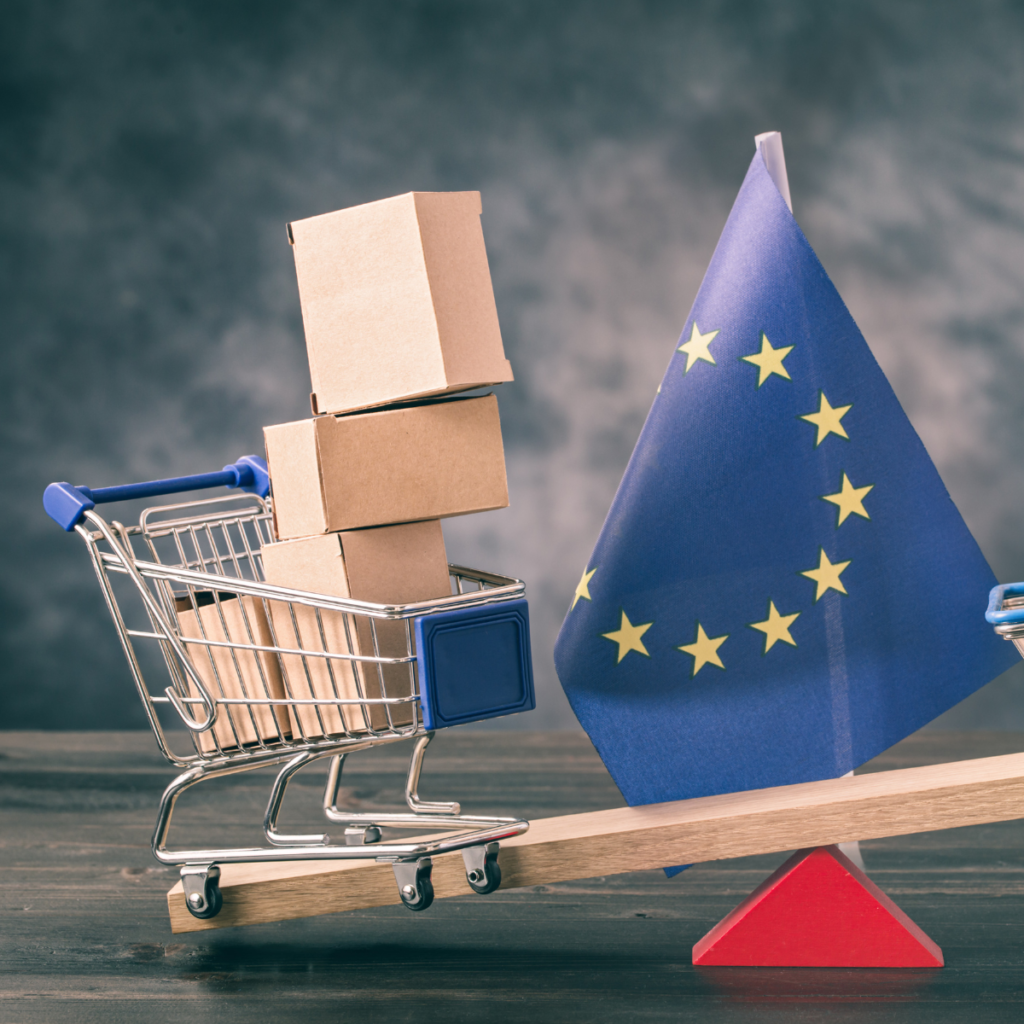 Cardboard parcels and an EU flag balanced on scales representing PPWR compliance costs